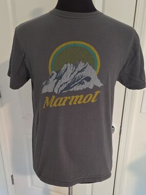 Marmot Charcoal Graphic Mountain Tee with Yellow & Teal Accents